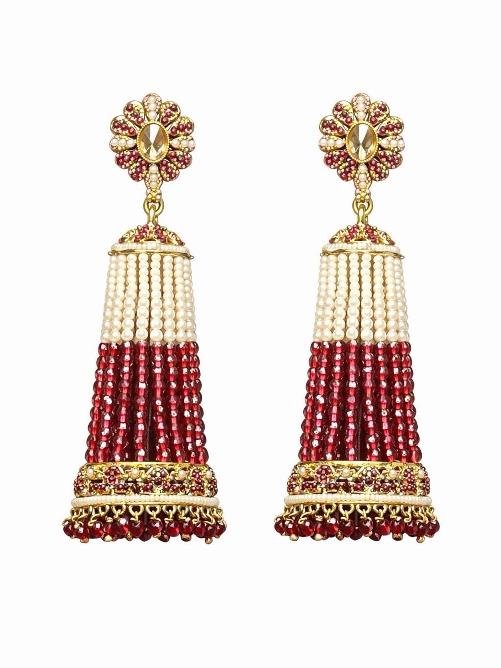Gold-Tone Red and Cream Beaded Tassel Drop Earrings